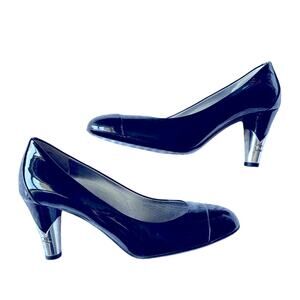Chanel Patent Leather CC Heel Pumps 2010 Black Sz 36.5 Authentic Designer Heels